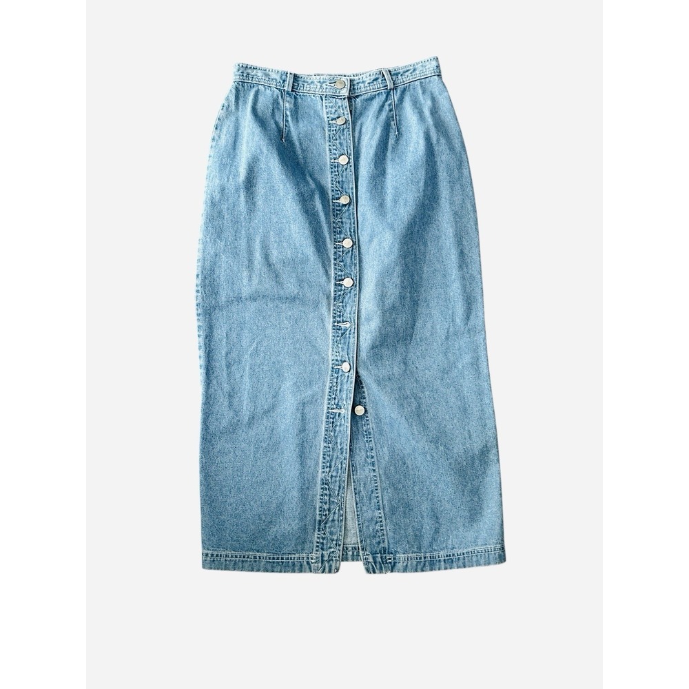 Karen Kane Petite 12  Denim Jean Skirt Button Front Pleated‎ Long Modest